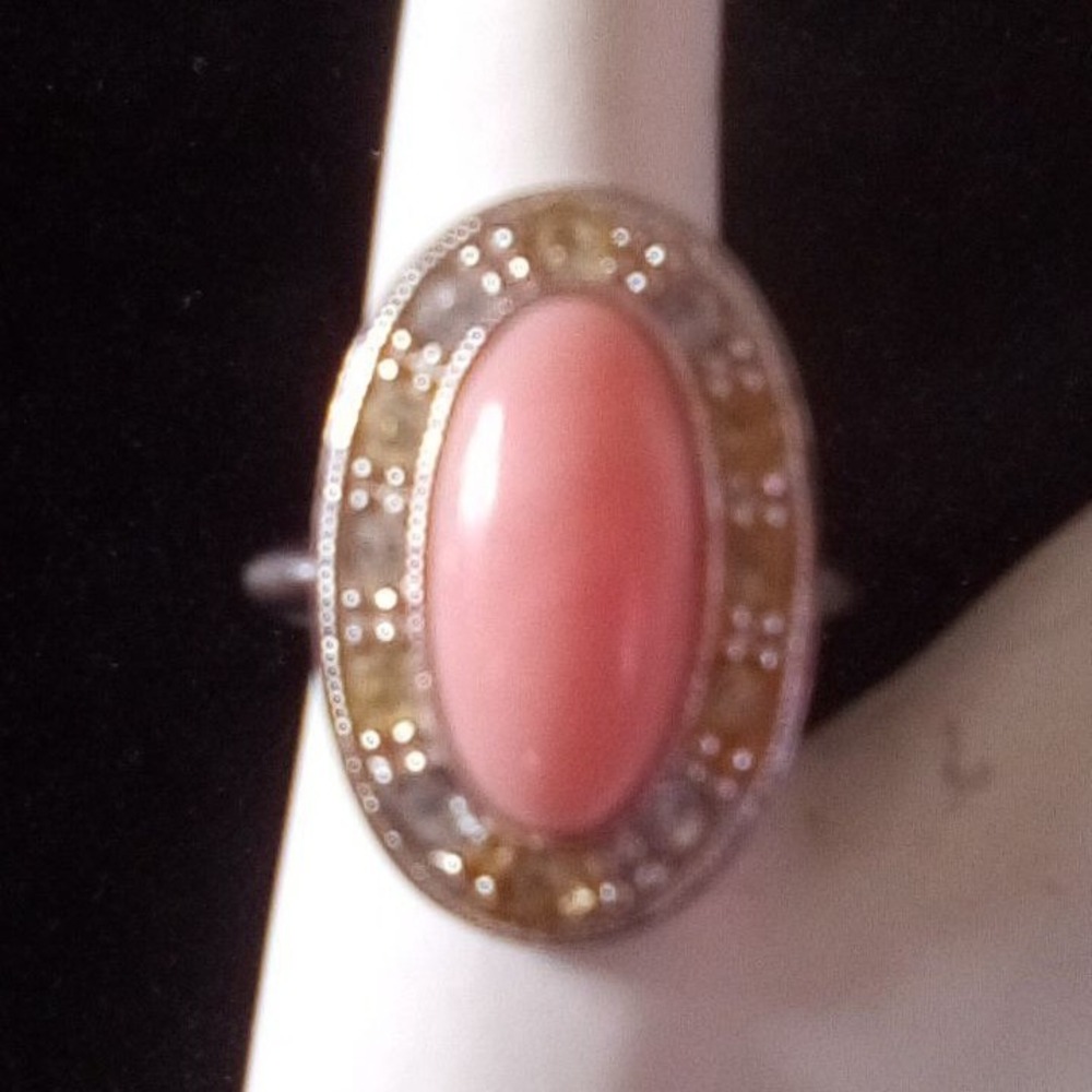 Vintage Style Oval Pink Coral Cabochon Halo Cocktail Ring Silver Tone Statement